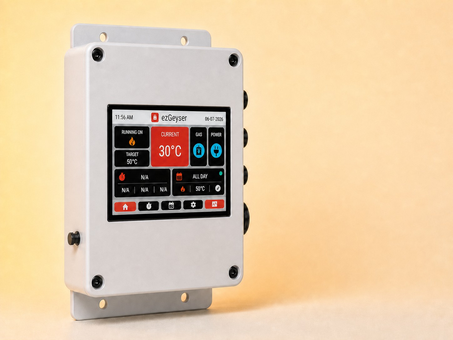 The ezGeyser Deluxe controller close up: its display shows the current water temperature, the target temperature, the active heat source and the timer and schedule in force