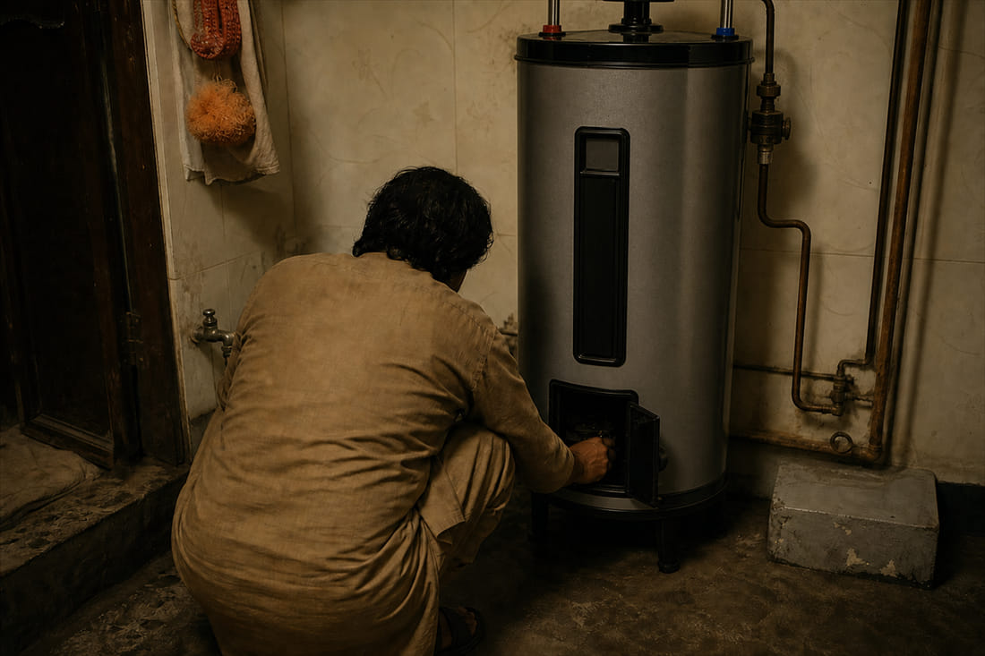 A person crouching to manually light a gas geyser in a dim utility area